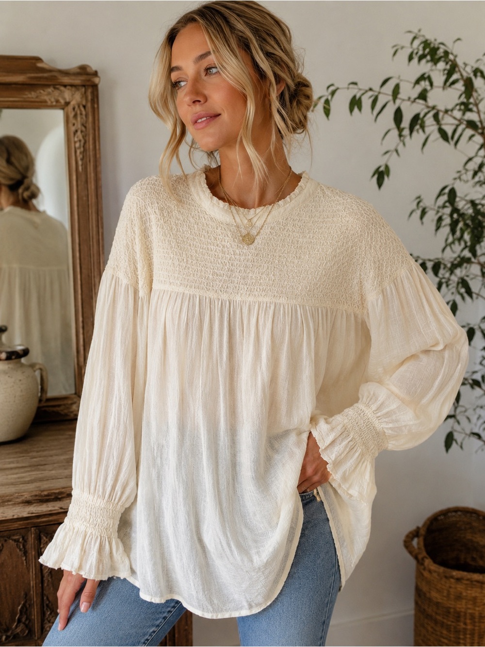 Free People Ivory Boho Peasant Tunic Top Oversized Cottagecore Festival Medium